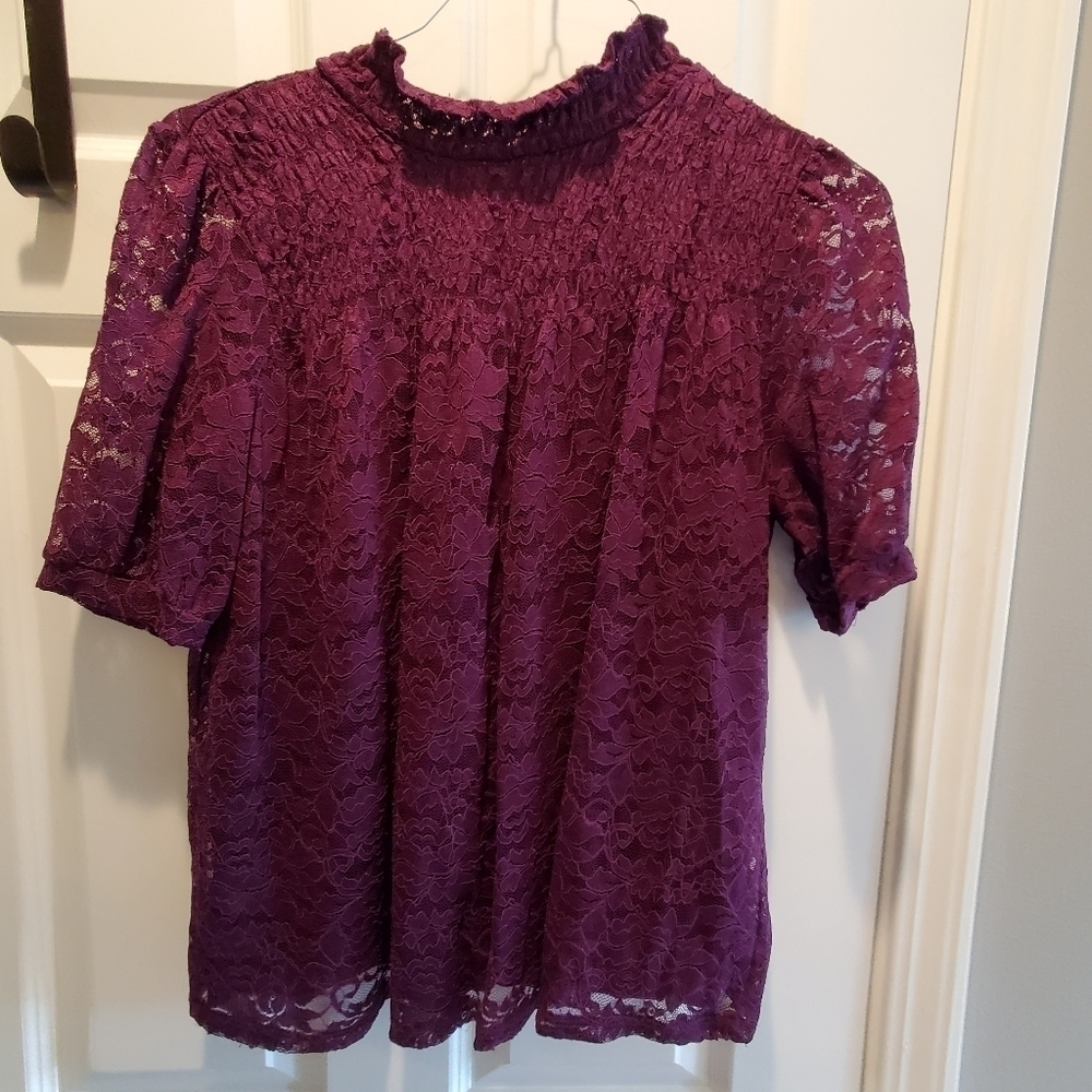 Cable & Gauge purple lace short sleeve.  High neck smocked